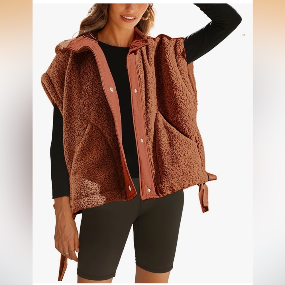 Rust orange yeokou Sherpa button-Front Vest Jacket w/ adjustable sides